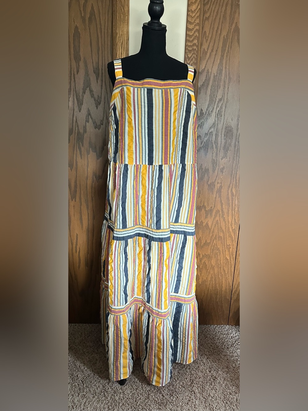NWOT LOFT Striped Tiered Maxi Skirt in Yellow, Navy & Cream with Pink Accents